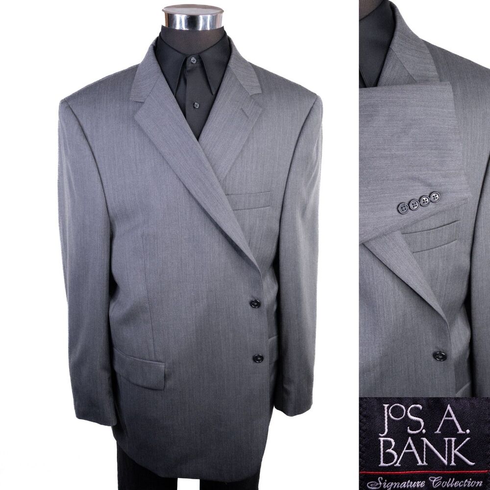 Jos A Bank 52R Sport Coat 100% Wool Gray Herringbone Two Button Lined Ventless